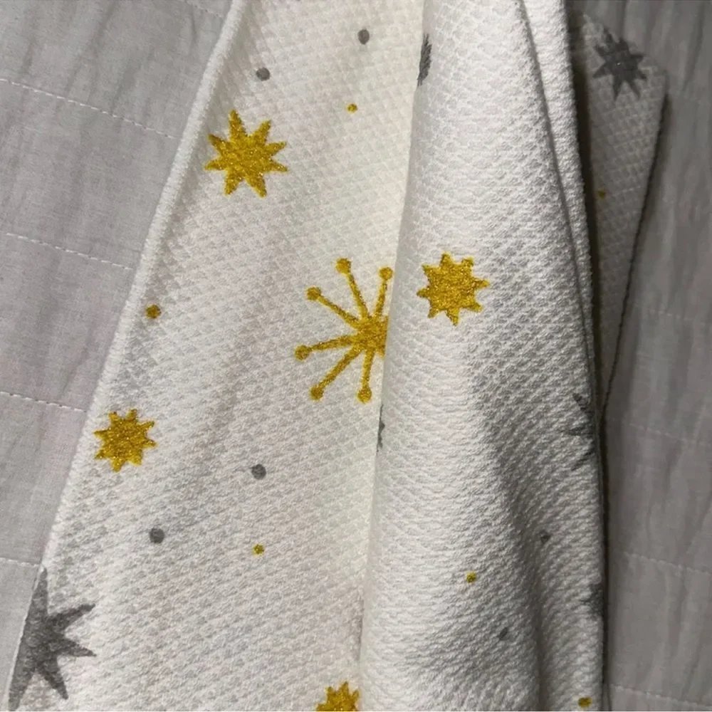 kate spade Christmas Star White Gold Silver Gray Cotton Kitchen 2 Towel Set